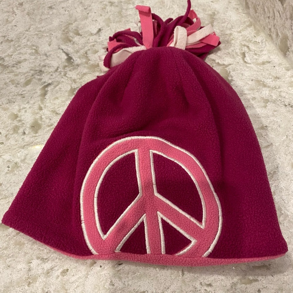2/$10 Children’s Place Toque Beanie Pink Peace Sign Pom Pom - Picture 1 of 4